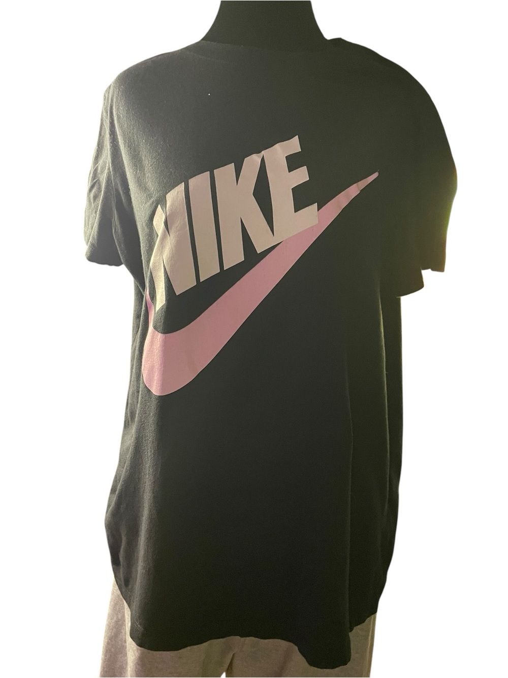 Nike Black Graphic T-Shirt with Pink Oversized Swoosh Logo Size L